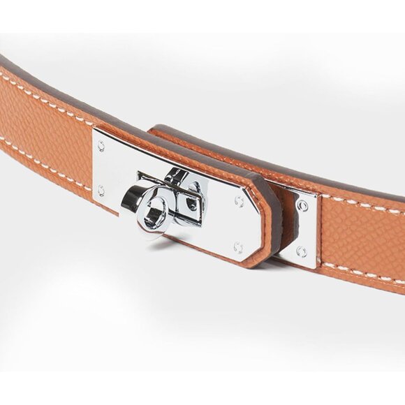 Women’s Leather Skinny Belt Adjustable Solid Color Alloy Turn Lock for Dresses - Picture 4 of 6